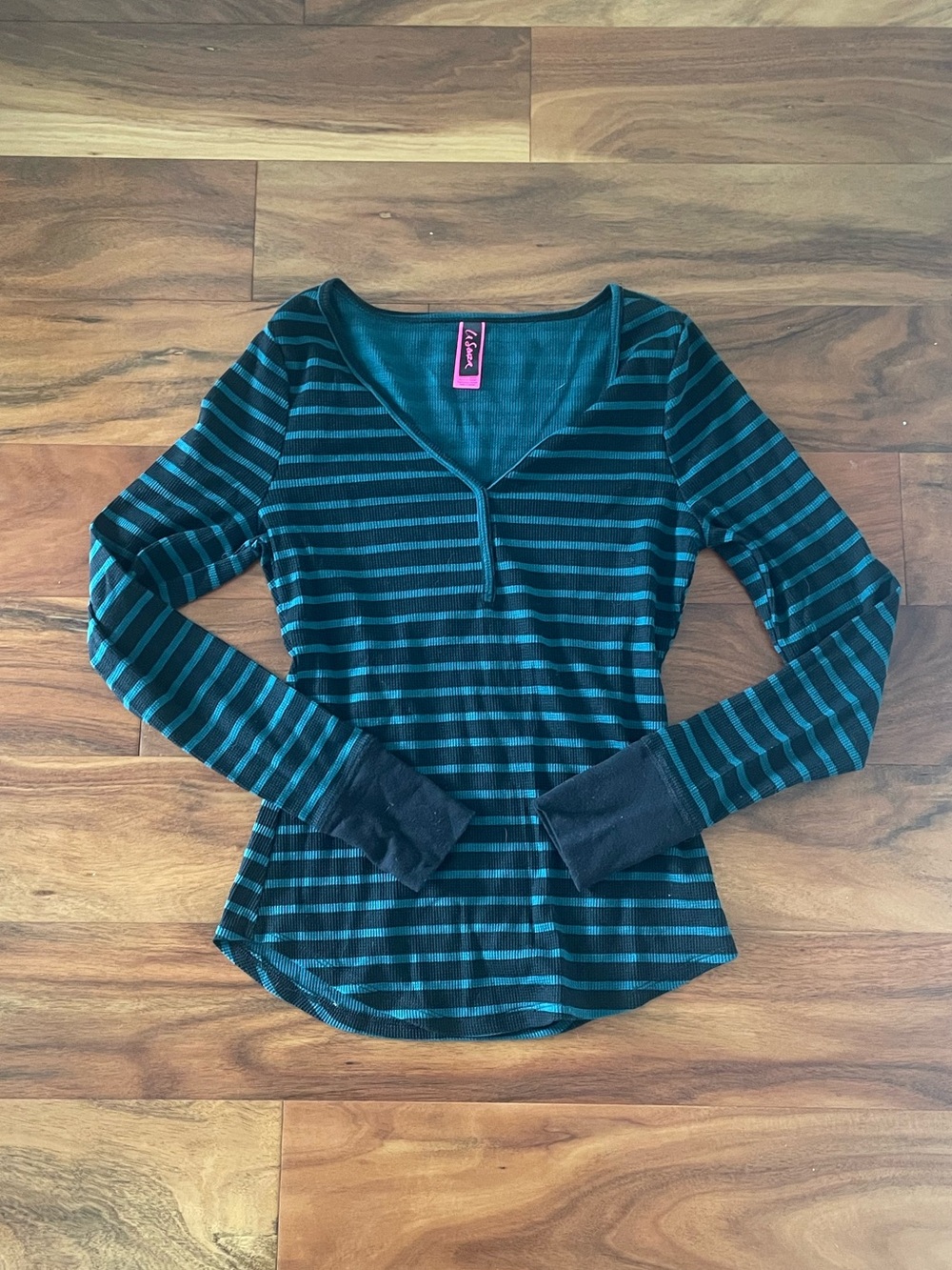 La SENZA Teal and Black Striped V-Neck Long Sleeve Top